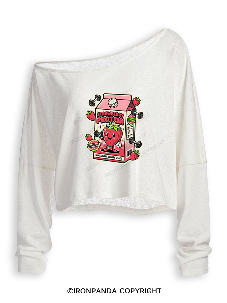STRAWBERRY PROTEIN SHAKE WELL BEFORE CHAOS Off Shoulder Long Sleeve Crop Top