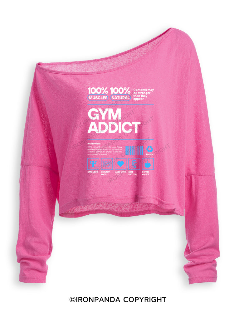 GYM ADDICT 100% MUSCLES 100% NATURAL Off Shoulder Long Sleeve Crop Top
