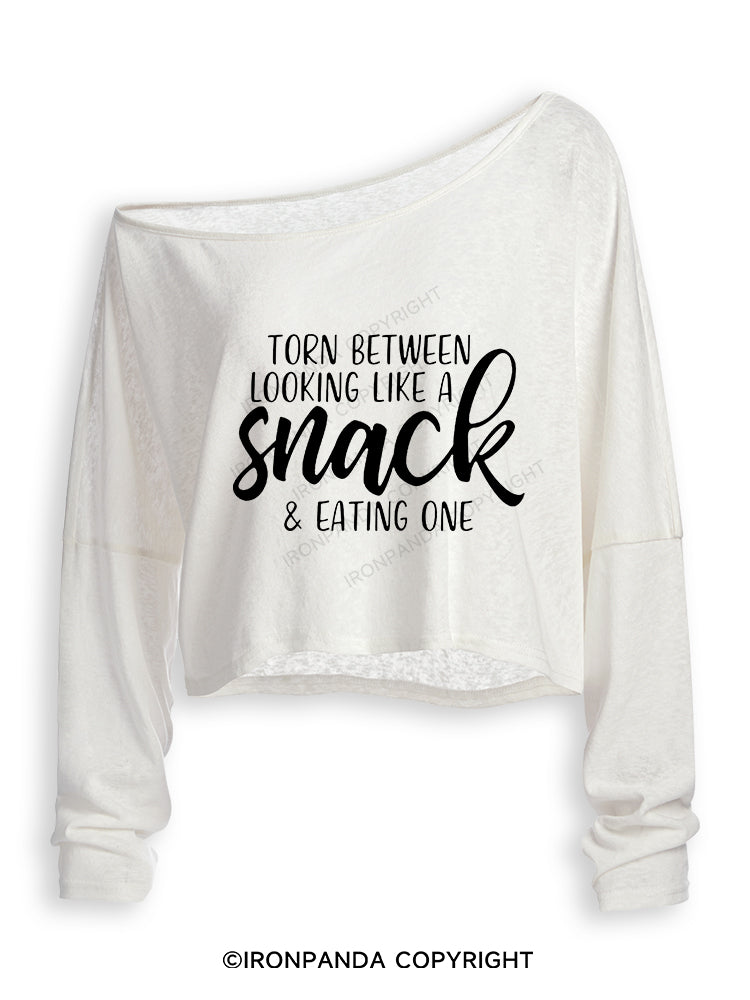 TORN BETWEEN A SNACK AND EAT ONE Off Shoulder Long Sleeve Crop Top