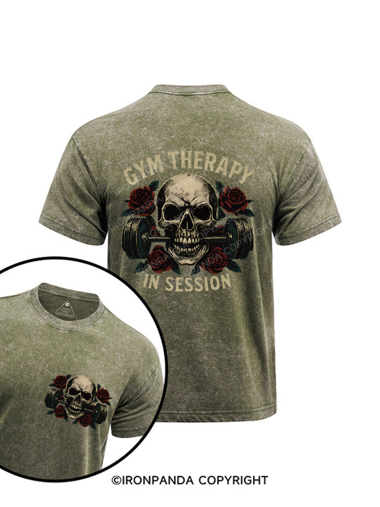 Gym Therapy in Session Skull Rose Weightlifting Printed Washed Gym Shirt