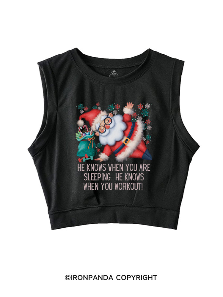 Funny Christmas Santa Knows When You Workout SLEEVELESS CROP TOPS
