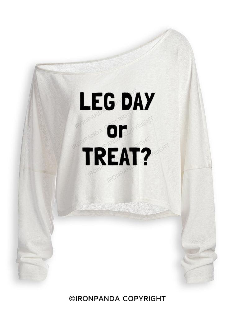 LEG DAY OR TREAT FUNNY HALLOWEEN Off Shoulder Long Sleeve Crop Top