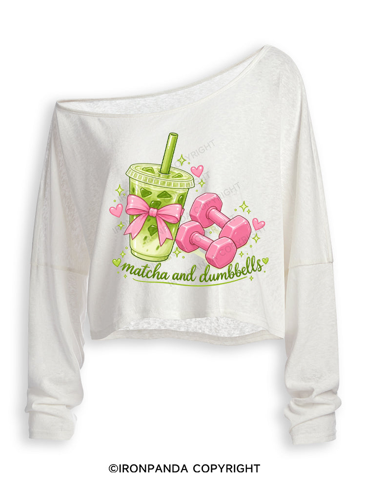 MATCHA AND DUMBBELL MATCHA LOVER Off Shoulder Long Sleeve Crop Top