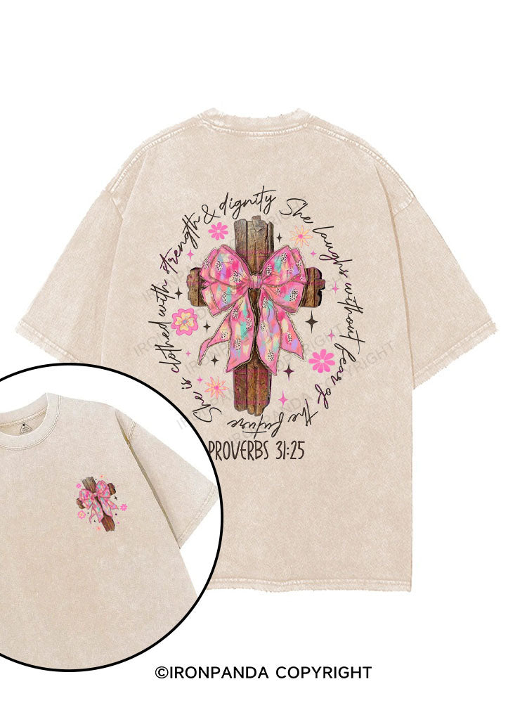 She is clothed with strength and dignity; she laughs without fear of the future printed Gym Shirt