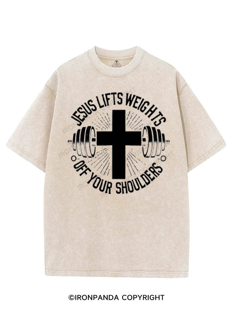 JESUS LIFTS WEIGHTS OFF YOUR SHOULDERS VINTAGE GYM SHIRT