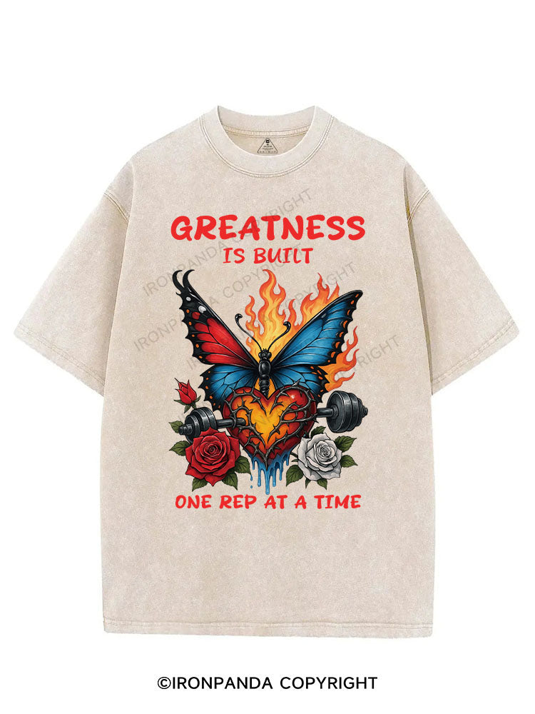 GREATNESS IS BUILT ONE REP AT A TIME VINTAGE GYM SHIRT