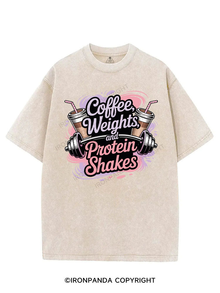 COFFEE WEIGHTS AND PROTEIN SHAKES VINTAGE GYM SHIRT