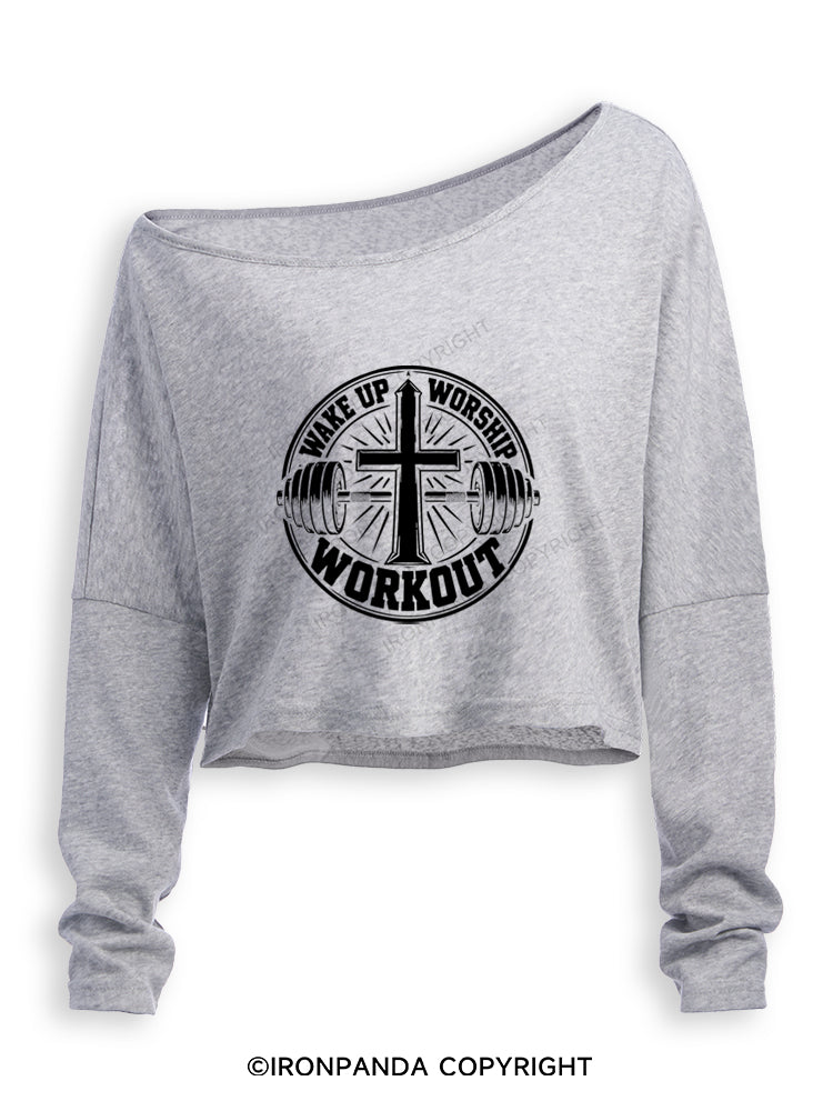 WAKE UP WORSHIP WORKOUT CHRISTIAN WORKOUT Off Shoulder Long Sleeve Crop Top