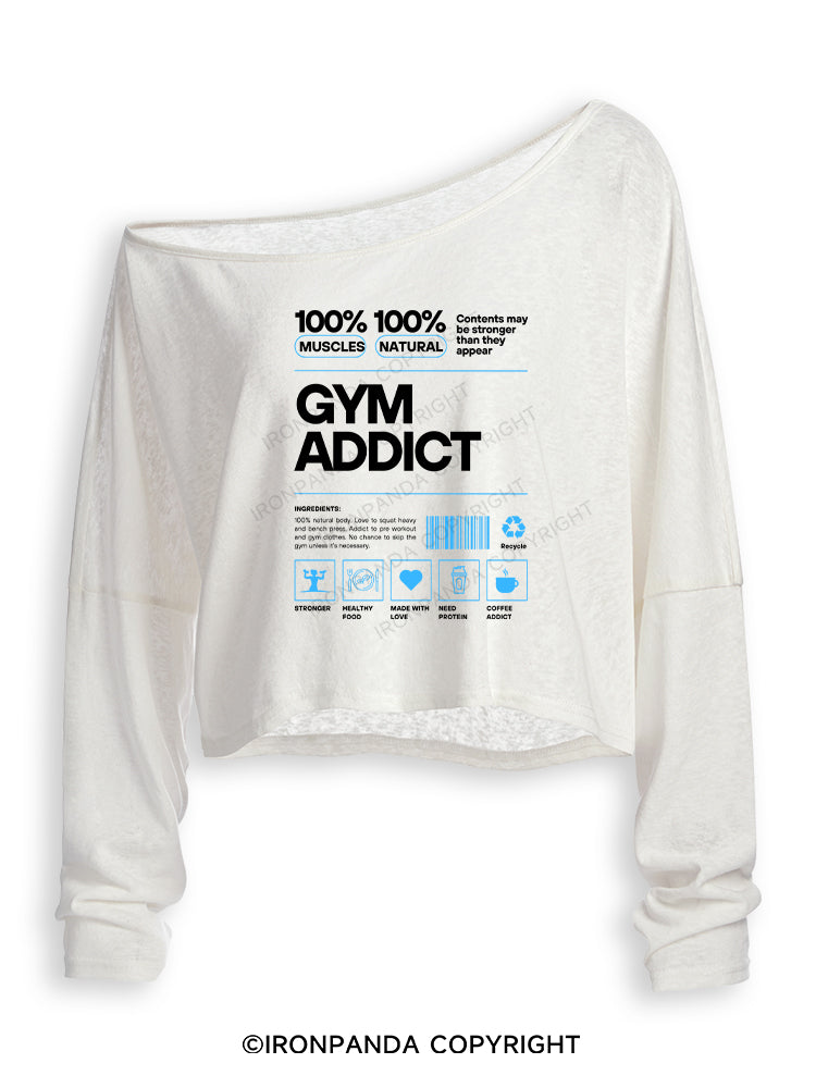 GYM ADDICT 100% MUSCLES 100% NATURAL Off Shoulder Long Sleeve Crop Top