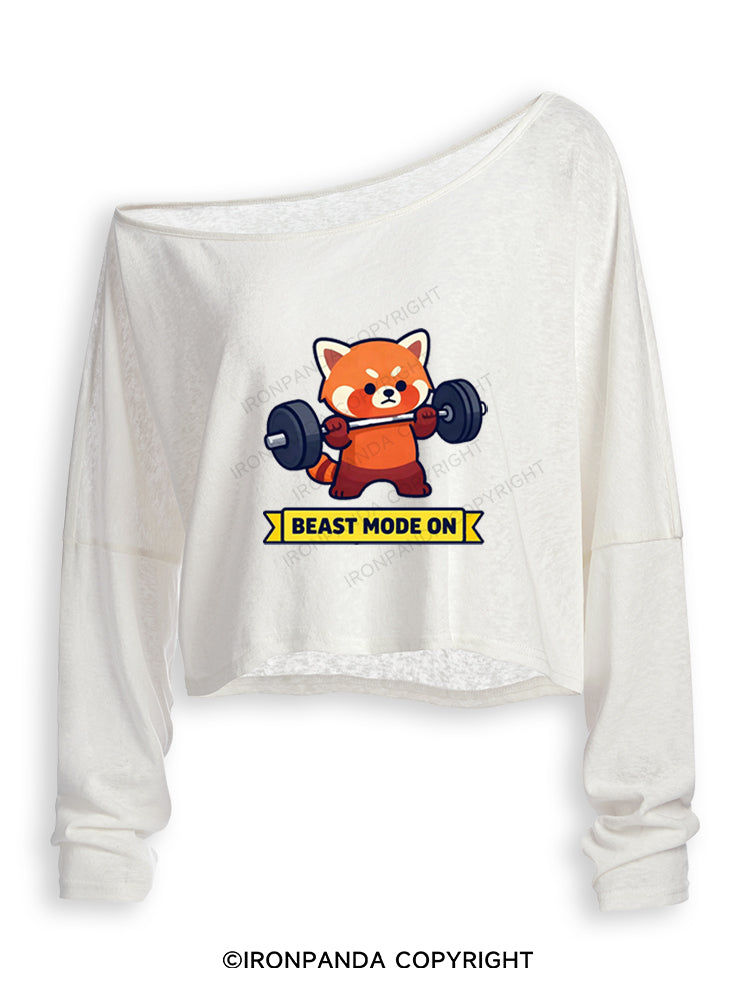 BEAST MODE ON RED PANDA Off Shoulder Long Sleeve Crop Top