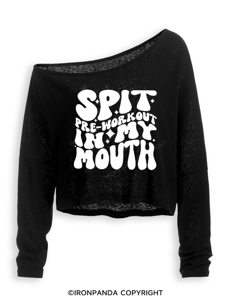 SPIT PRE-WORKOUT IN MY MOUTH FUNNY GYM Off Shoulder Long Sleeve Crop Top