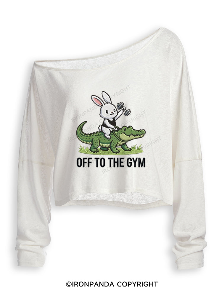 OFF TO THE GYM BUNNY RIDING AN ALLIGATOR Off Shoulder Long Sleeve Crop Top