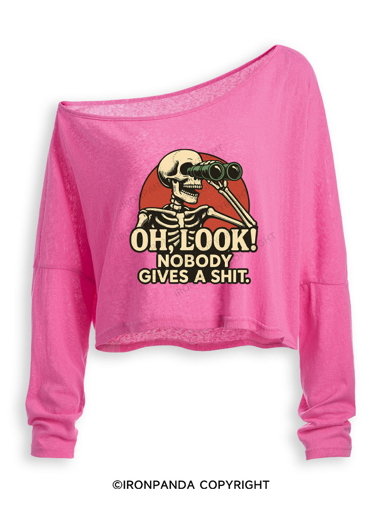 OH, LOOK! NOBODY GIVES A SHIT Off Shoulder Long Sleeve Crop Top