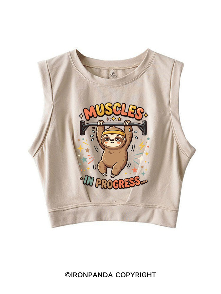MUSCLES IN PROGRESS FUNNY SLOTH SLEEVELESS CROP TOPS