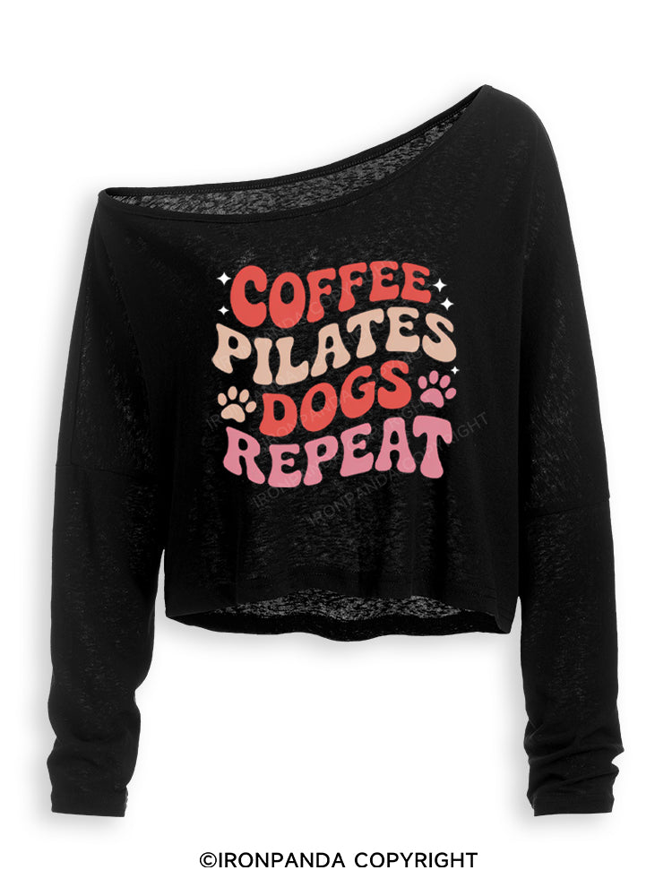 COFFEE PILATES DOGS REPEAT Off Shoulder Long Sleeve Crop Top