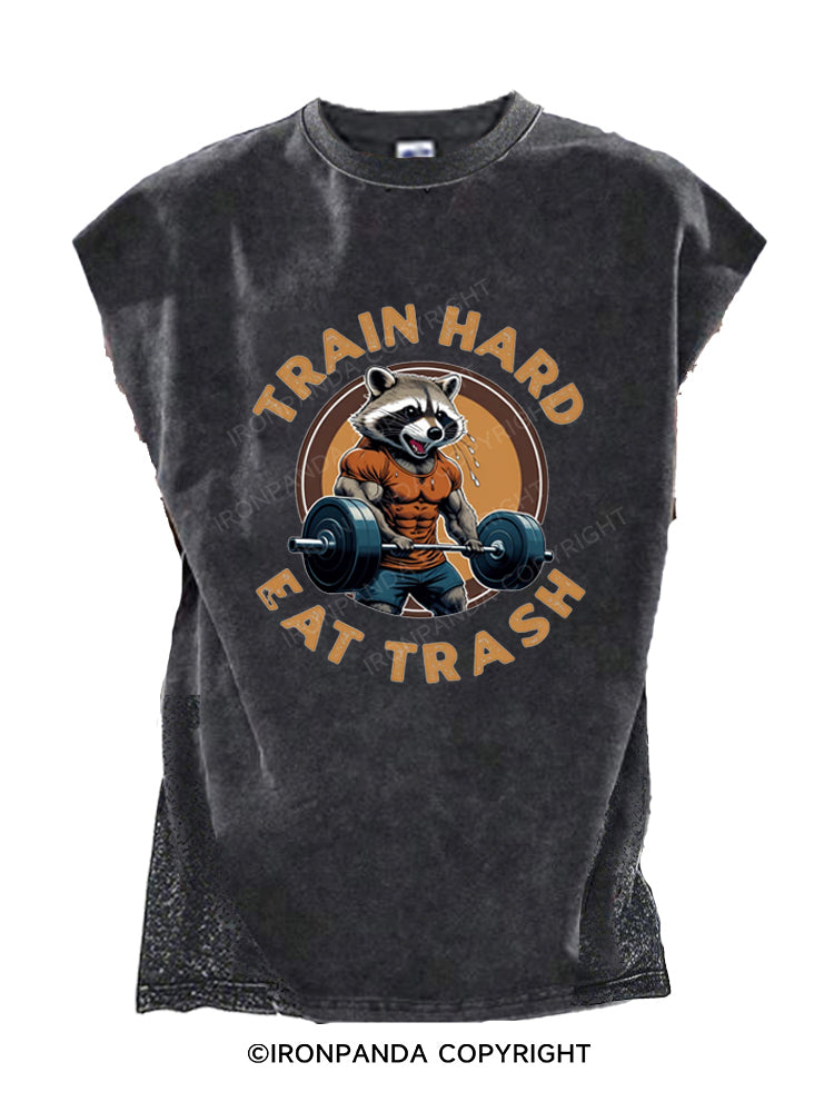 Train hard eat trash raccoon weightlifting Cut Off Tank