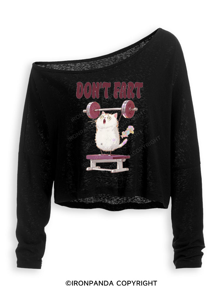 DON'T FART CUTE FUNNY KITTY Off Shoulder Long Sleeve Crop Top