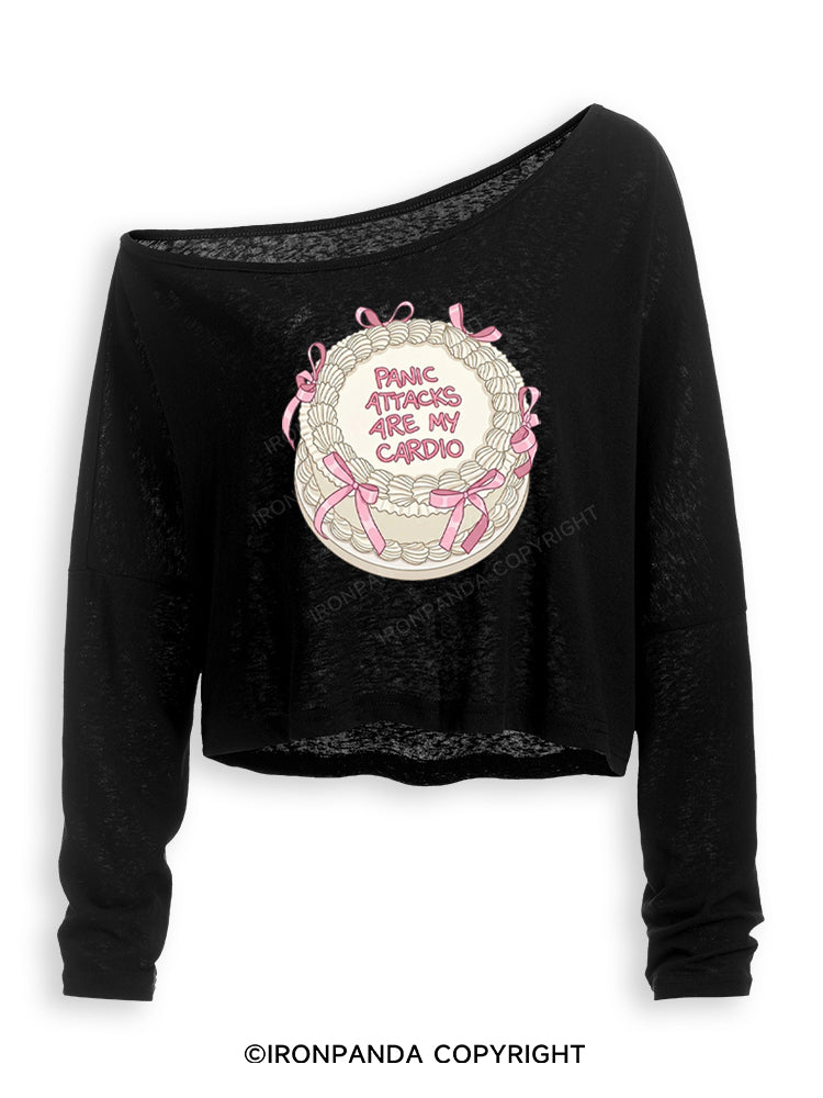 PANIC ATTACKS ARE MY CARDIO FUNNY WORKOUT Off Shoulder Long Sleeve Crop Top