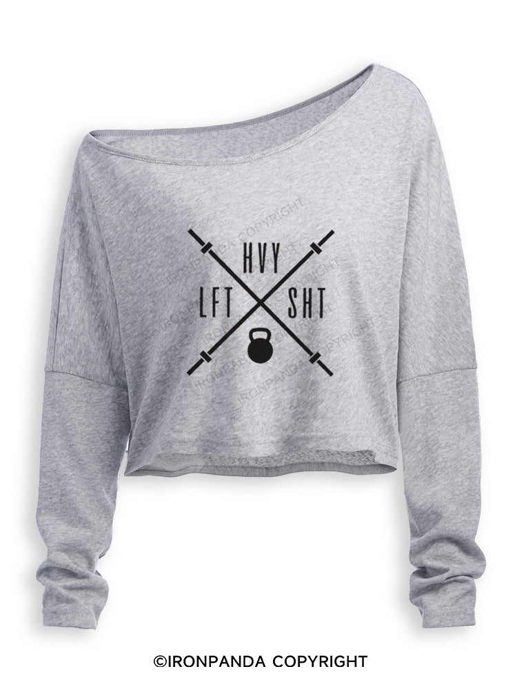 HVY LFT SHT FUNNY WEIGHTLIFTING Off Shoulder Long Sleeve Crop Top