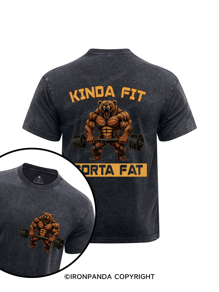 Kinda Fit Sorta Fat Funny Gym Bear Printed Washed Gym Shirt