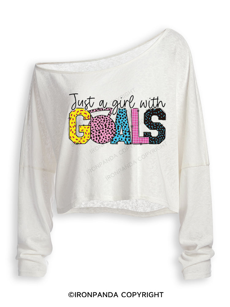 JUST A GIRL WITH GOALS COLORFUL GYM Off Shoulder Long Sleeve Crop Top