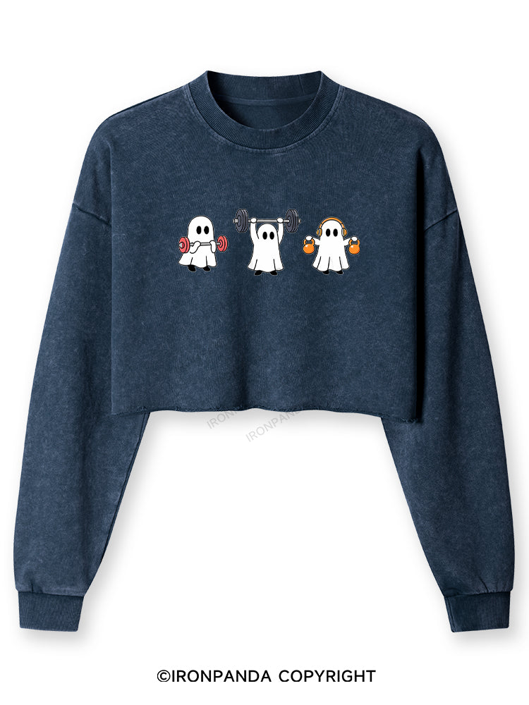 GHOST LIFTING WEIGHTS BARBELL GYM LOVERS Washed Long-Sleeve Crop Top