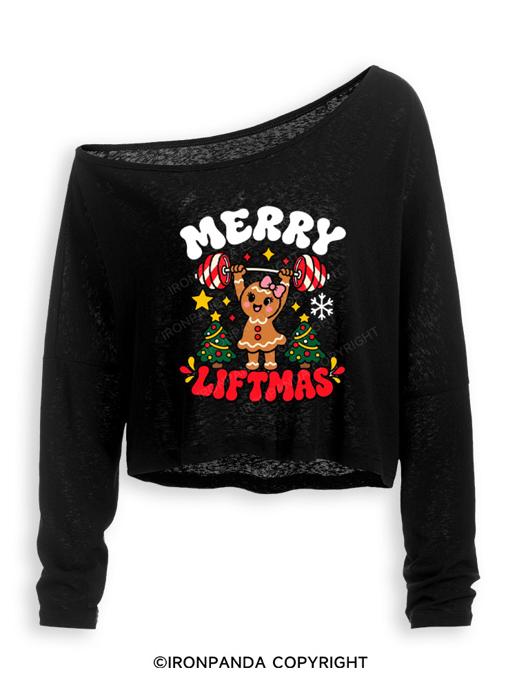 Merry Liftmas Gingerbread Weightlifting Off Shoulder Long Sleeve Crop Top