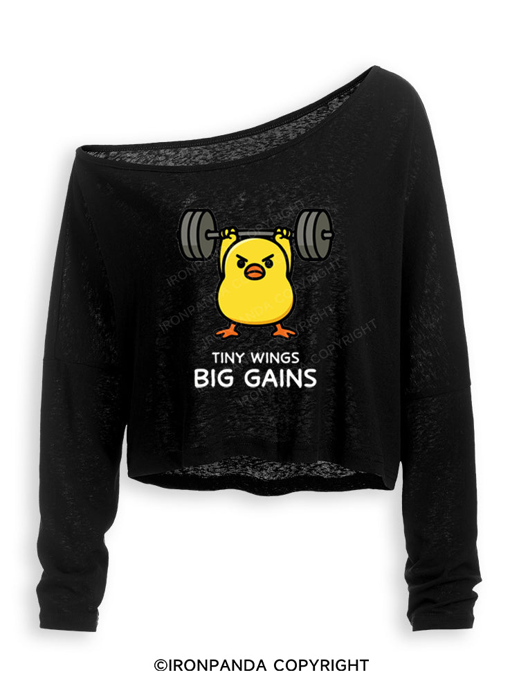 TINY WINGS BIG GAINS Off Shoulder Long Sleeve Crop Top