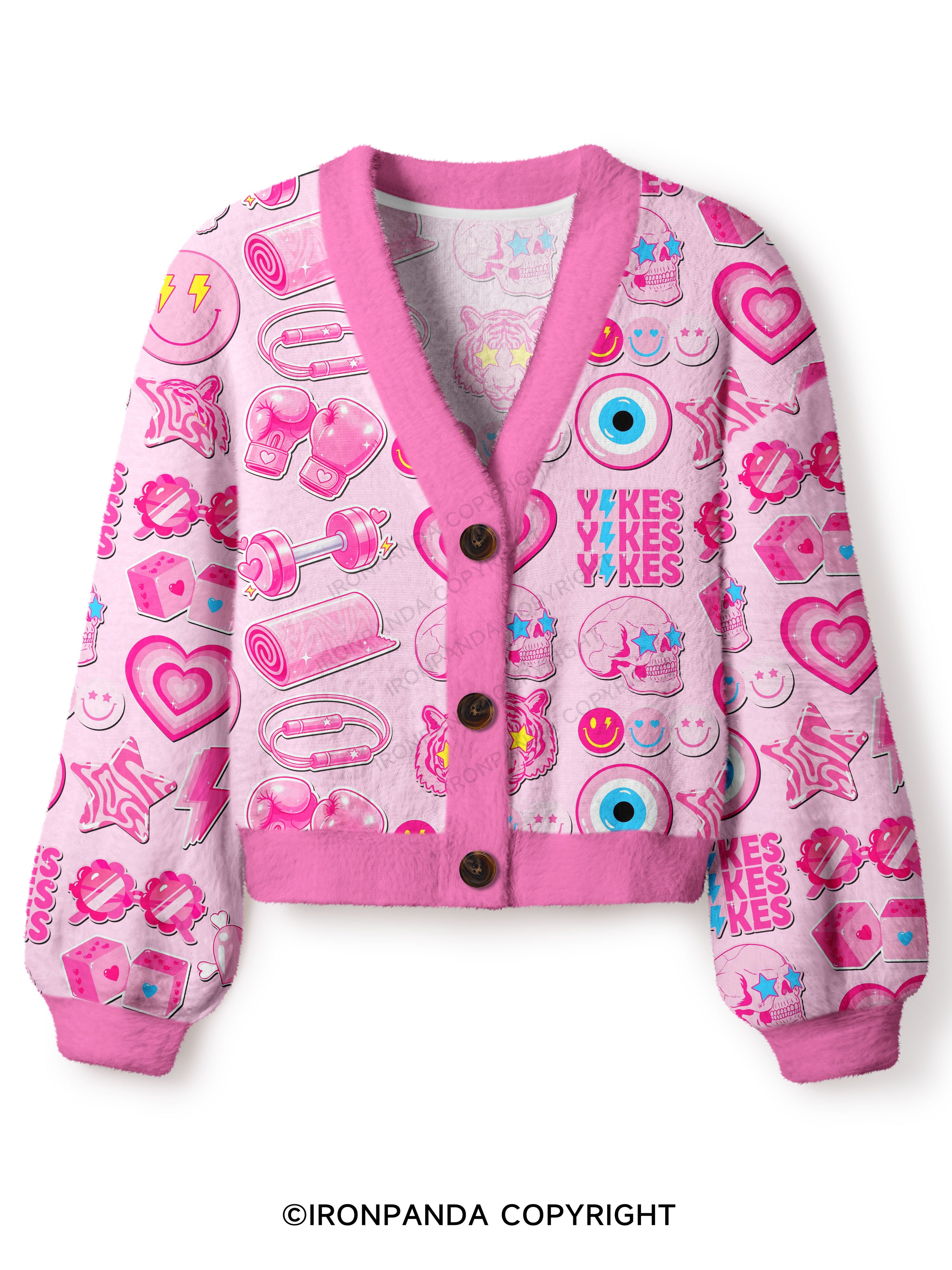 Pink Gym Sticker Bomb Crop Ugly Cardigan Sweater