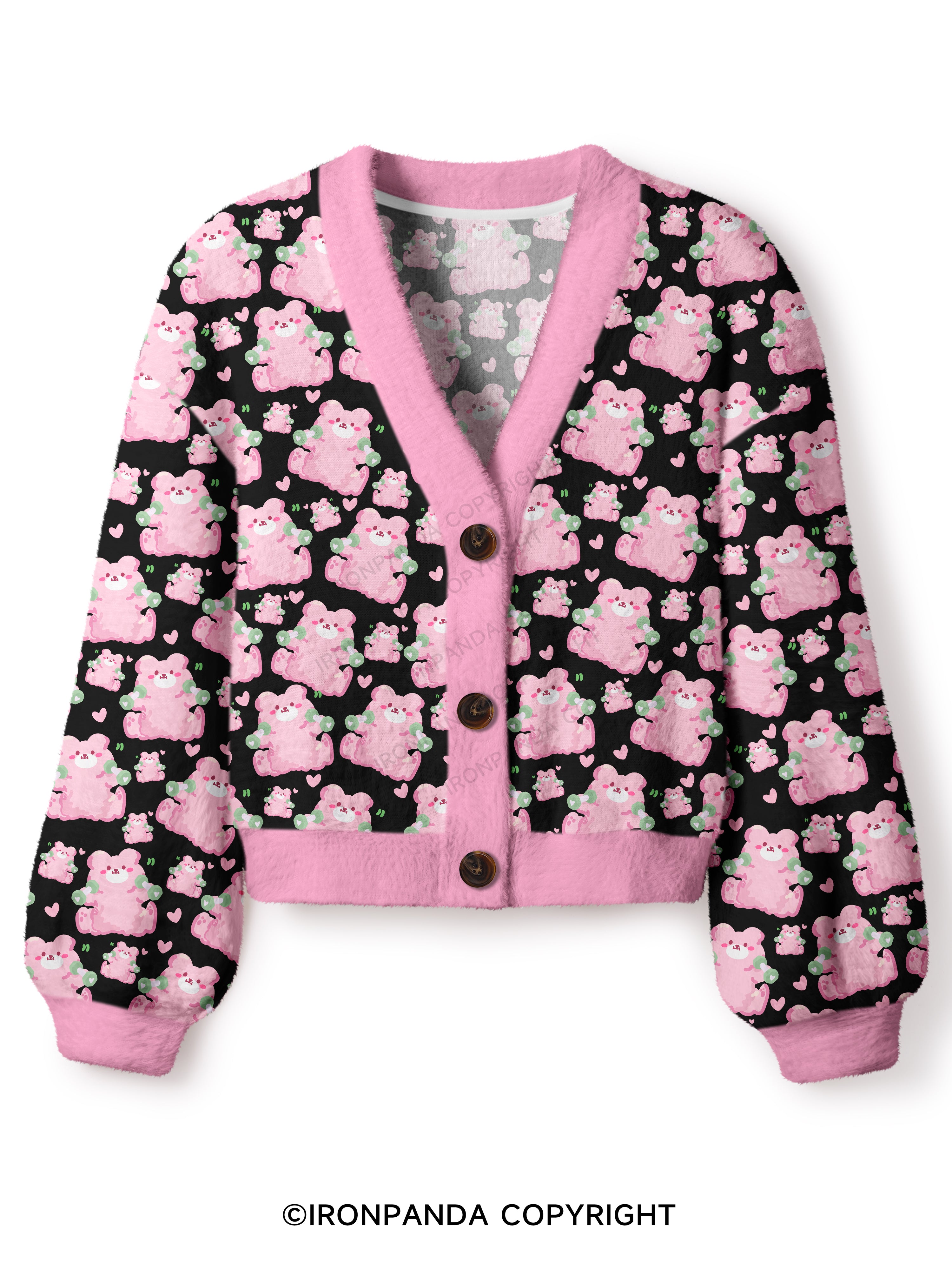 Pink Workout Bears Crop Ugly Cardigan Sweater