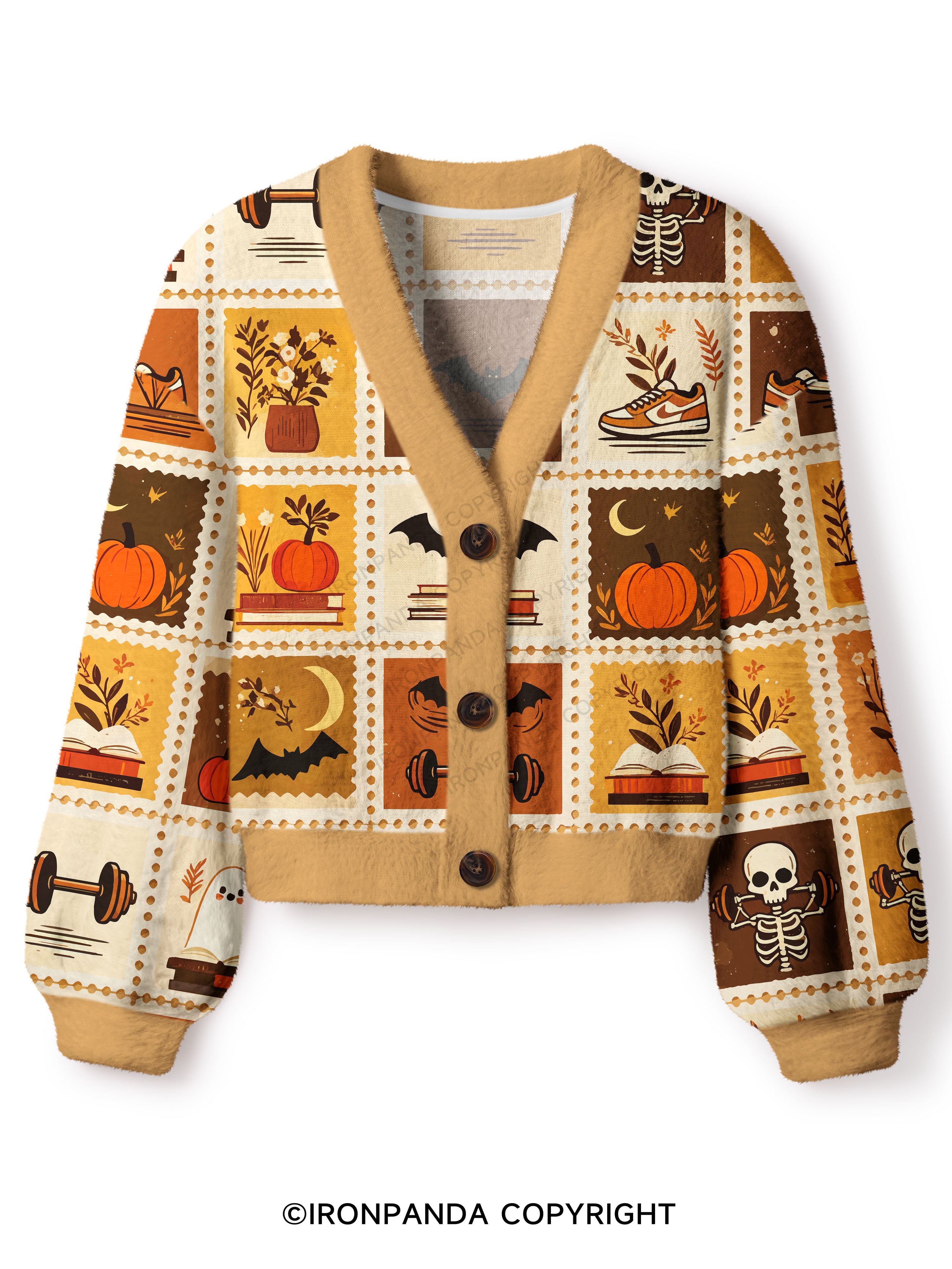 Halloween Fall Fitness Grid Print Crop Ugly Cardigan Sweater