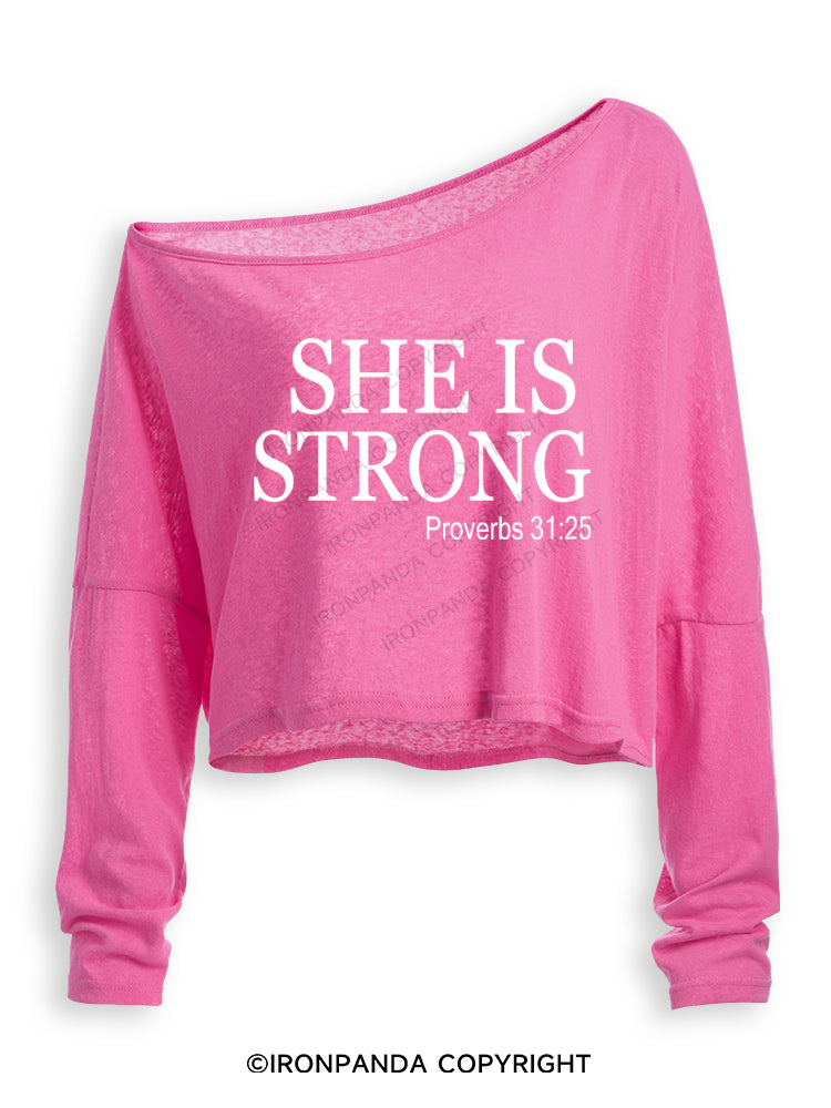 SHE IS STRONG Off Shoulder Long Sleeve Crop Top