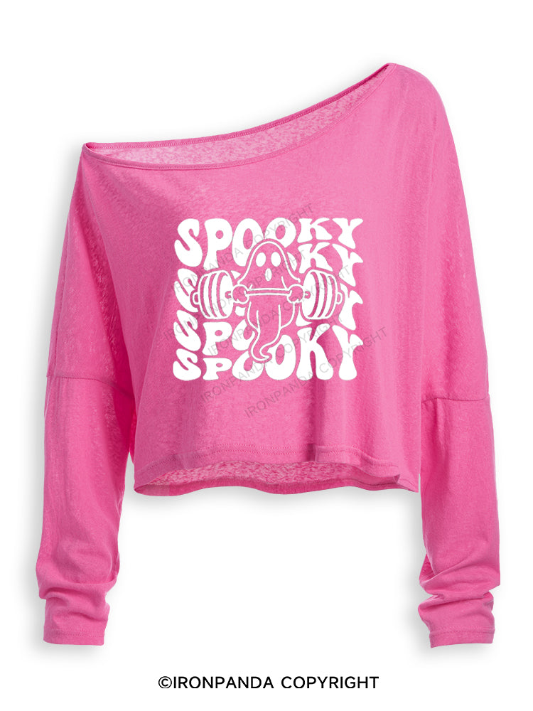 SPOOKY SPOOKY CUTE WEIGHTLIFTING GHOST Off Shoulder Long Sleeve Crop Top
