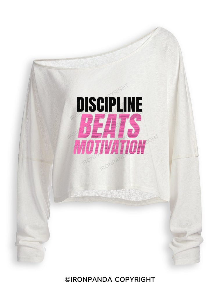 DISCIPLINE BEATS MOTIVATION Off Shoulder Long Sleeve Crop Top