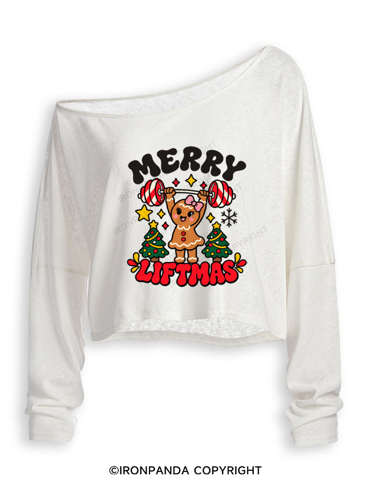 Merry Liftmas Gingerbread Weightlifting Off Shoulder Long Sleeve Crop Top