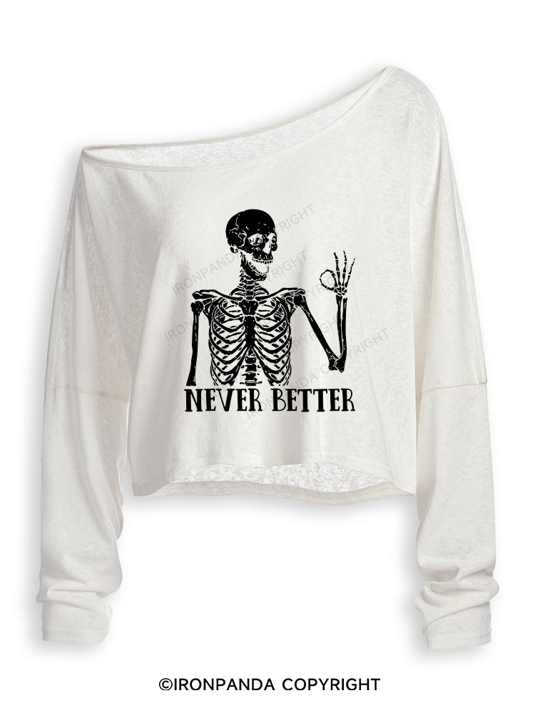 NEVER BETTER SKELETON Off Shoulder Long Sleeve Crop Top