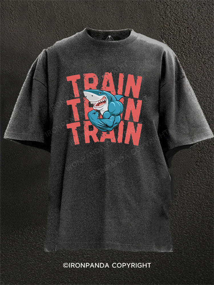 Funny Train Shark Washed Gym Shirt