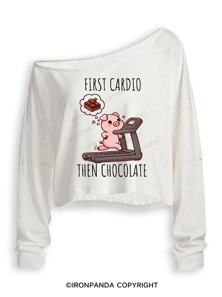 FIRST CARDIO THEN CHOCOLATE Off Shoulder Long Sleeve Crop Top