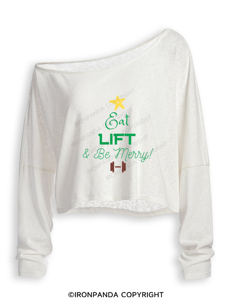EAT LIFT & BE MERRY! Off Shoulder Long Sleeve Crop Top
