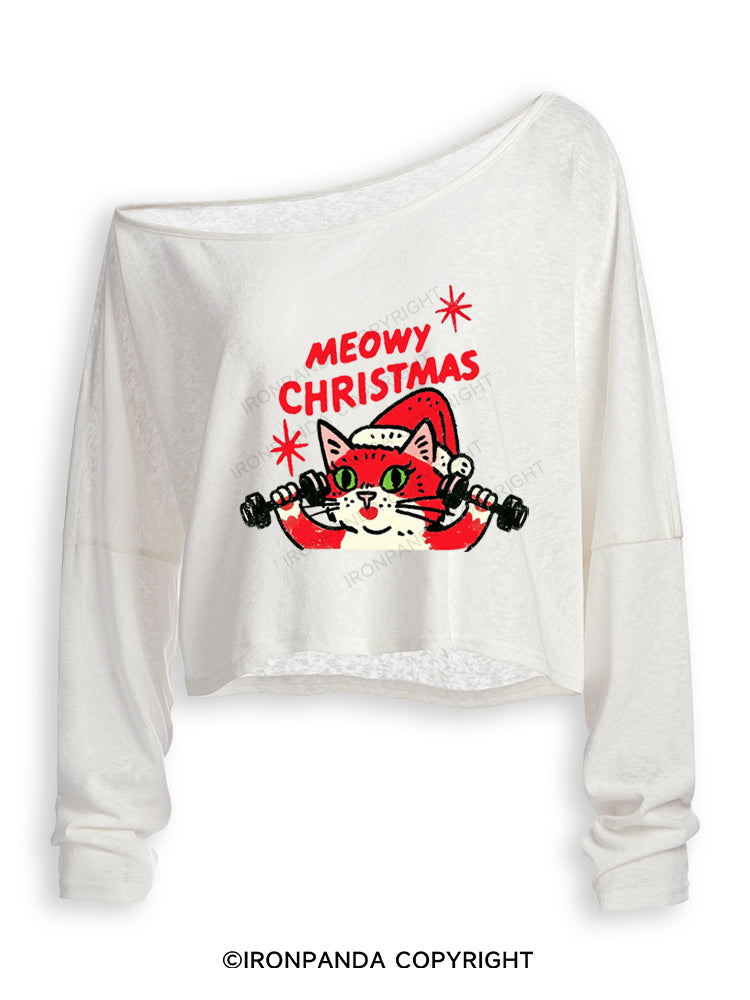 MEOWY CHRISTMAS RETRO CAT CHRISTMAS Off Shoulder Long Sleeve Crop Top