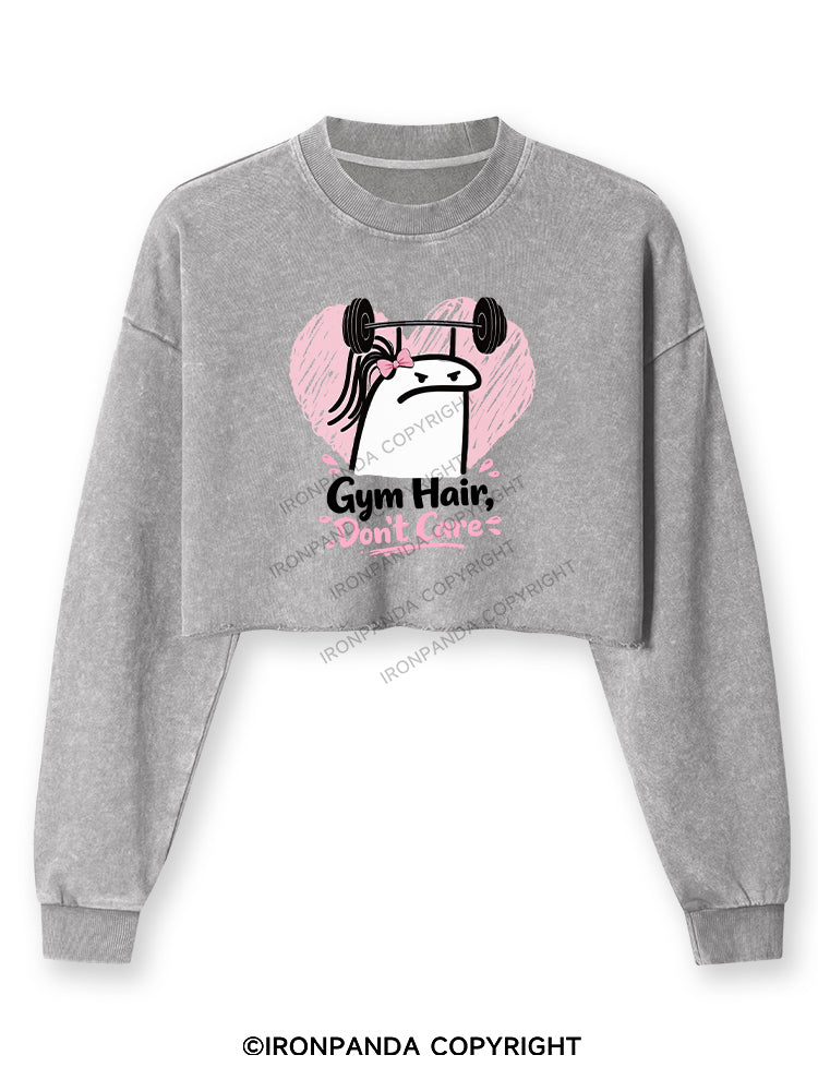 Gym Hair Don't Care Funny Gym Washed Long-Sleeve Crop Top