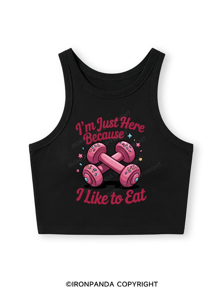 I'M JUST HERE BECAUSE I LIKE TO EAT Fitted Crop Tank Top