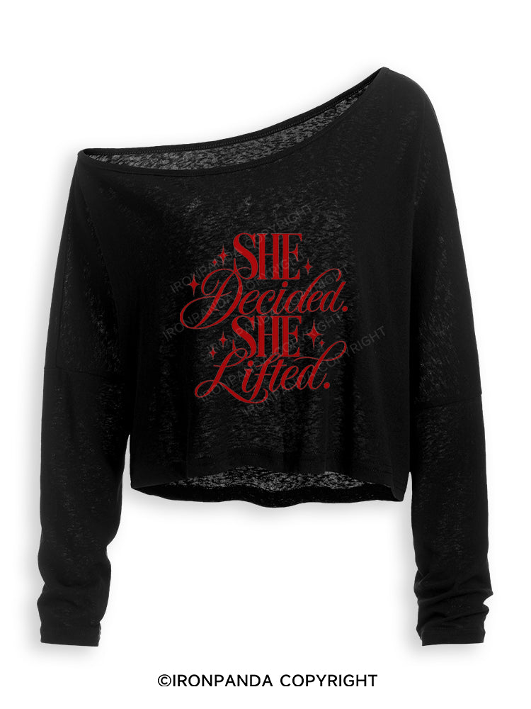 SHE DECIDED. SHE LIFTED Off Shoulder Long Sleeve Crop Top