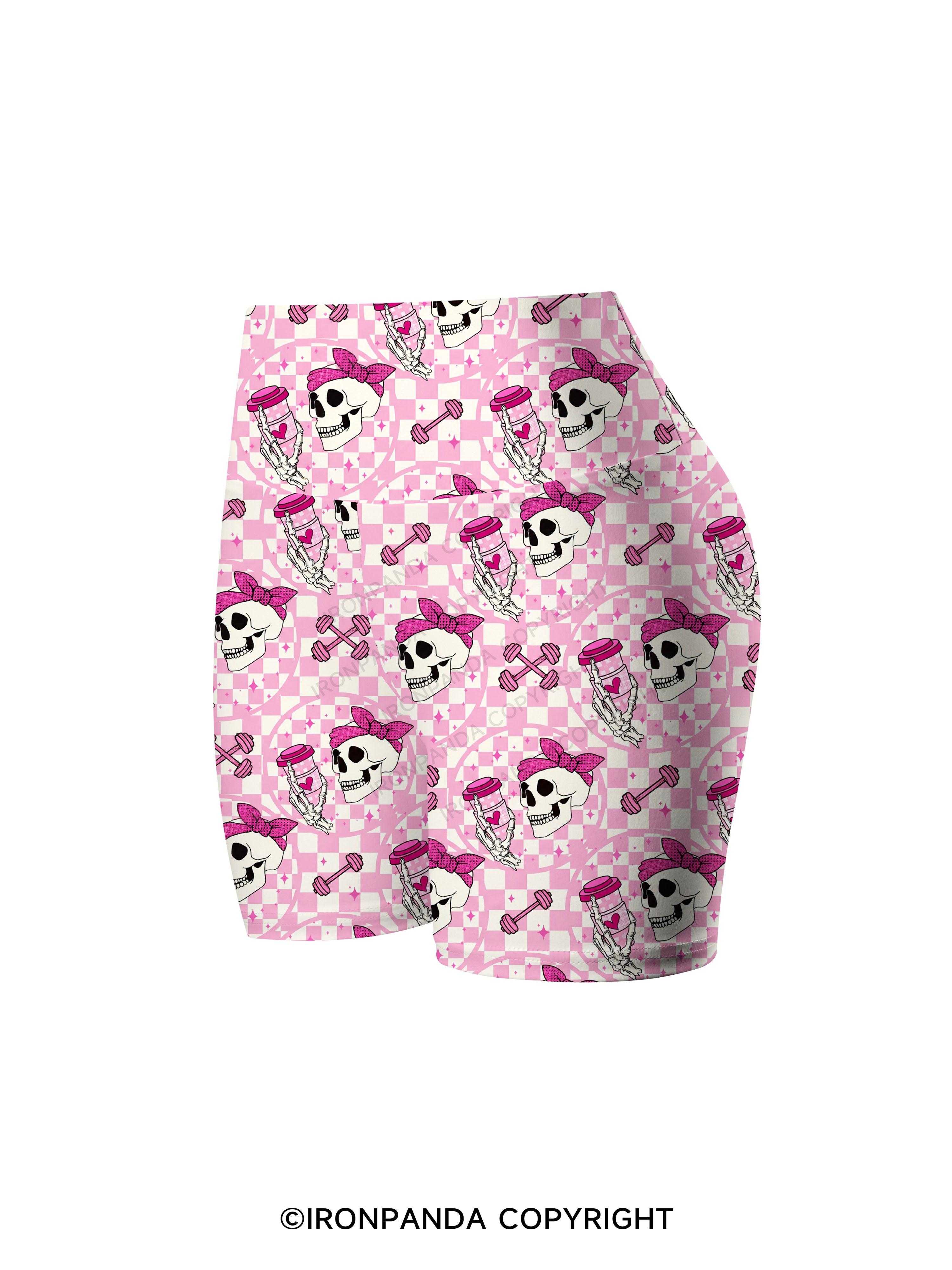 Pink Check Gym Skull Printed Yoga Cycling Shorts