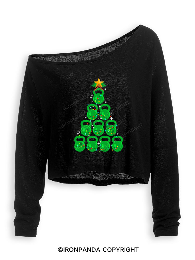 Kettlebell Christmas Tree Off Shoulder Long Sleeve Crop Top