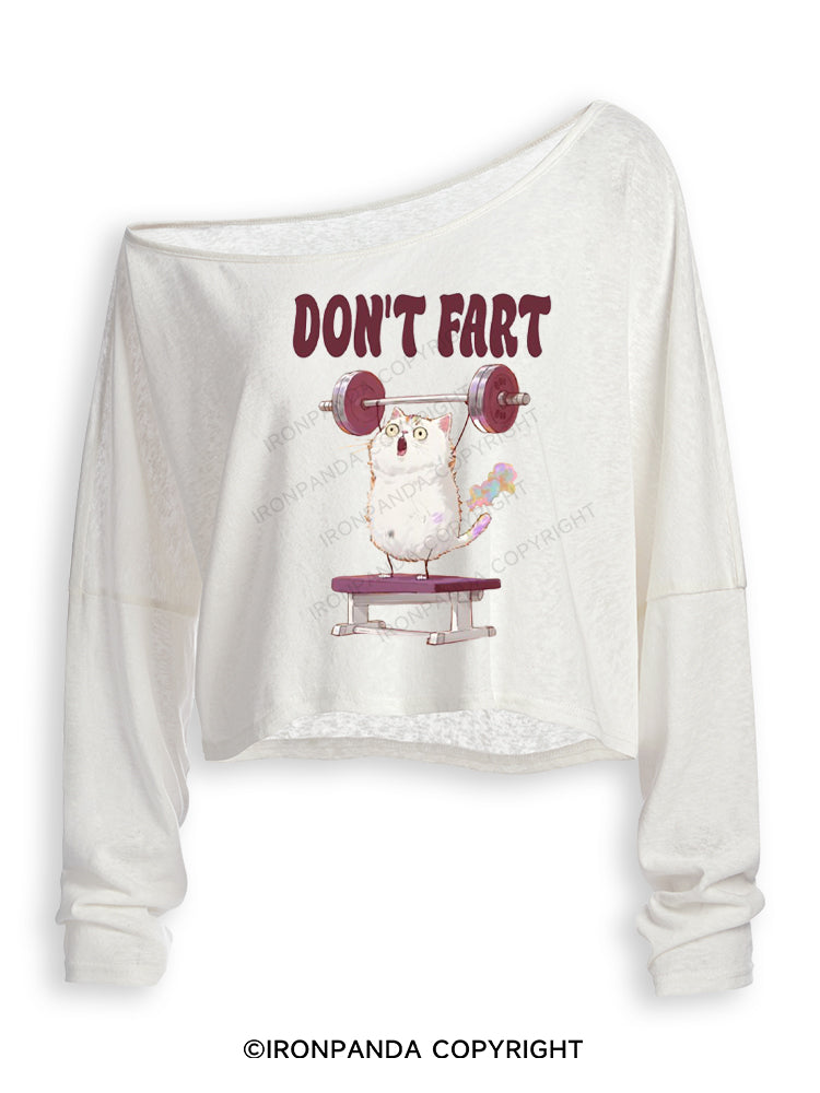 DON'T FART CUTE FUNNY KITTY Off Shoulder Long Sleeve Crop Top
