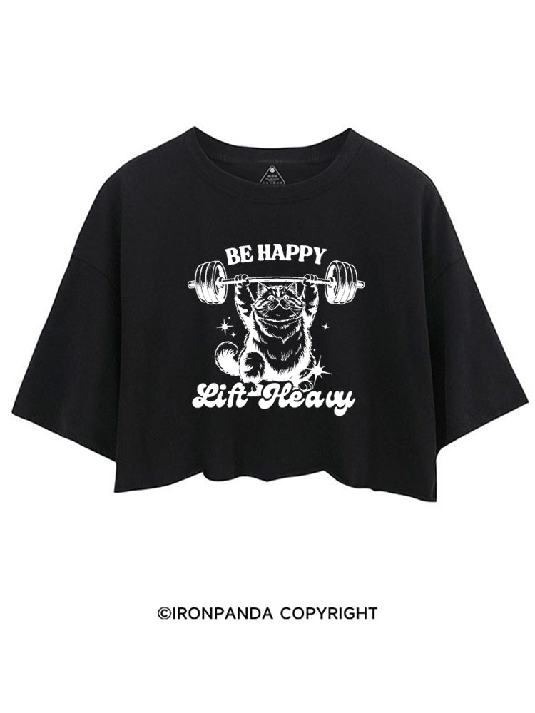 BE HAPPY LIFT HEAVY FUNNY CUTE KITTY CROP TOPS