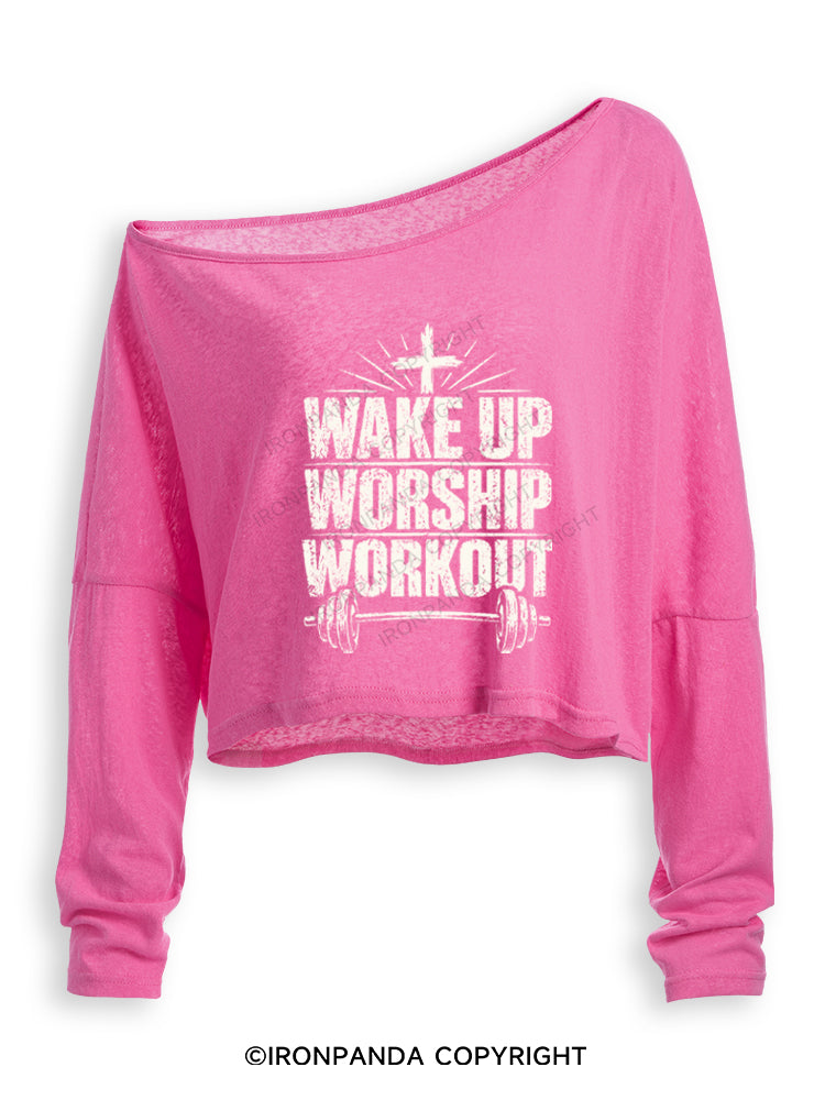 Wake Up Worship Workout Christian Workout Off Shoulder Long Sleeve Crop Top