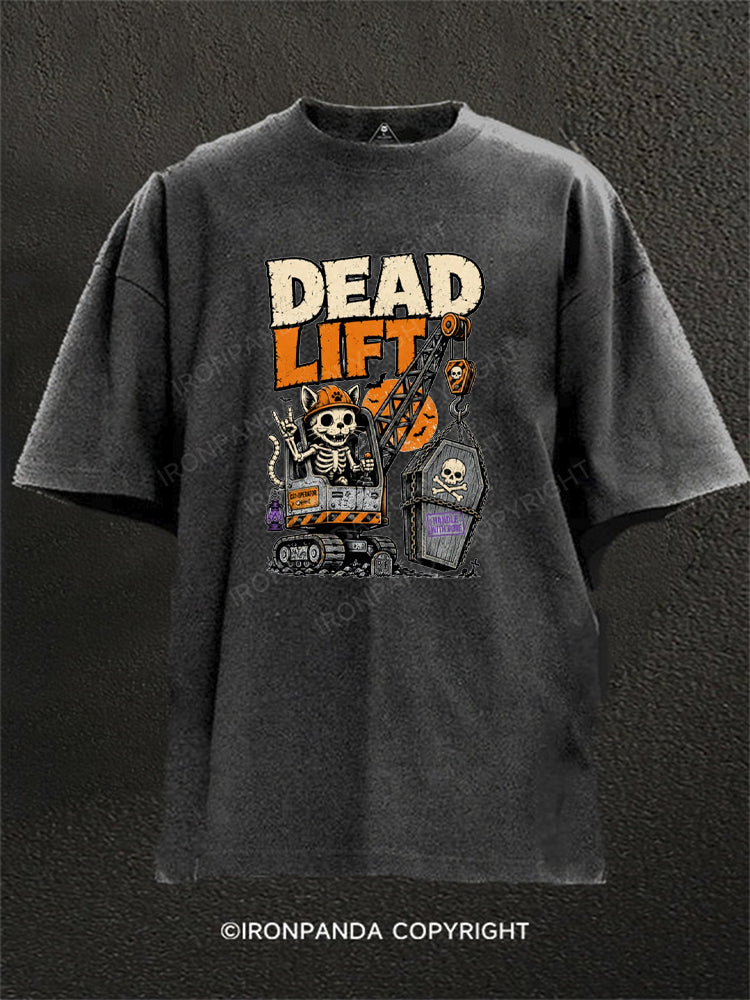Dead Lift Skeleton Cat Crane Powerlifting Washed Gym Shirt
