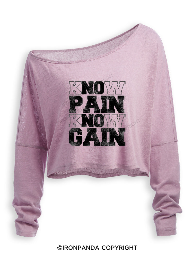 KNOW PAIN KNOW GAIN Off Shoulder Long Sleeve Crop Top